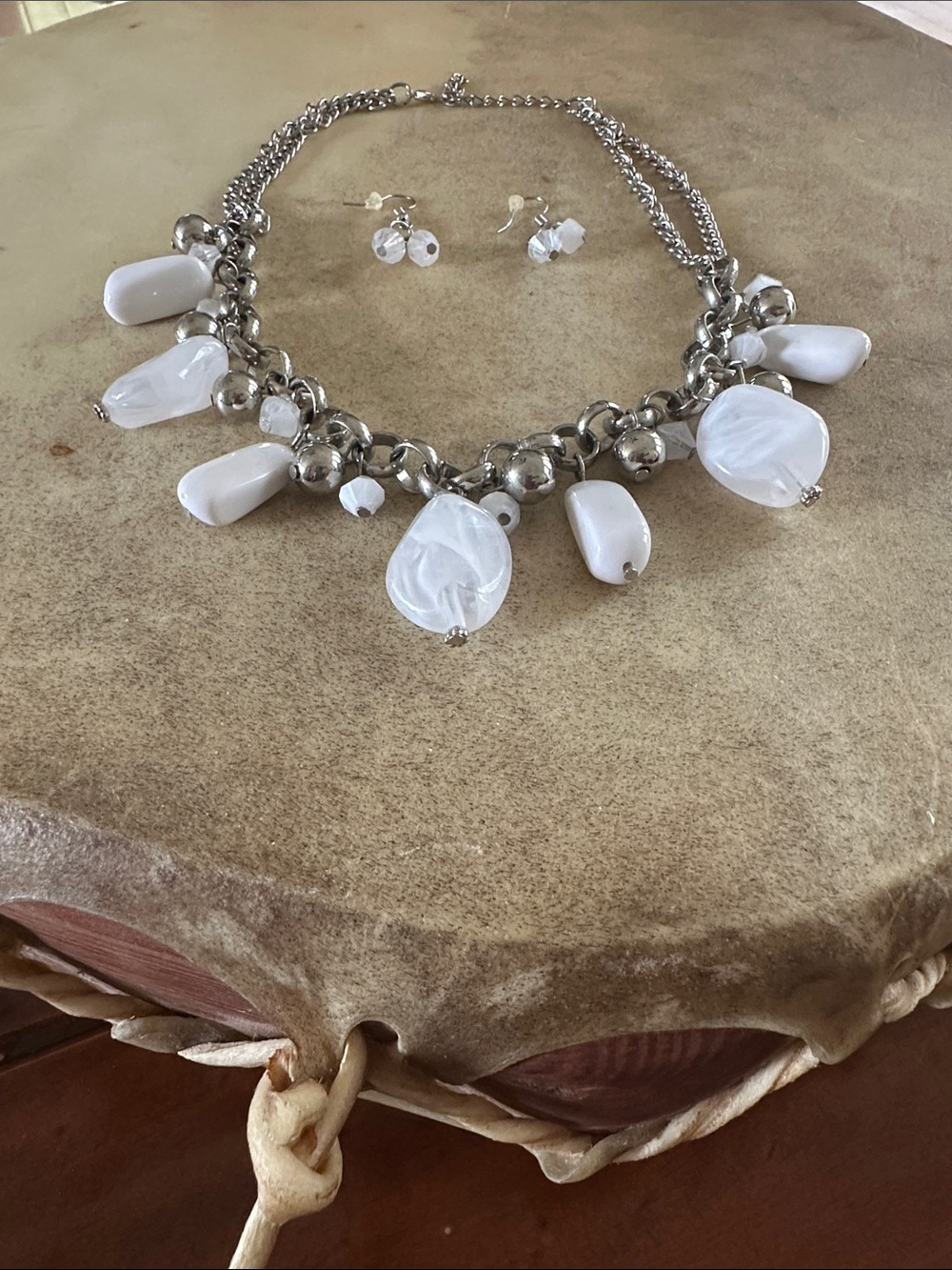 Elegant White Bead Charm Necklace and Stud Earrings - Women Jewelry